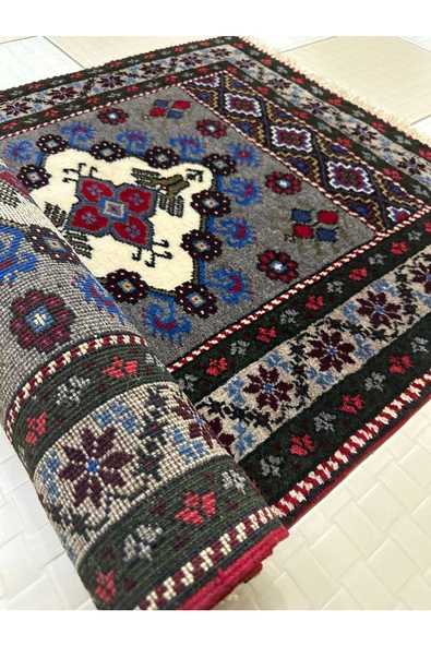 El Dokuma Gri Taşpınar Halısı Seccade 78x140 Kök Boya %100 Yün Namazlık - 7