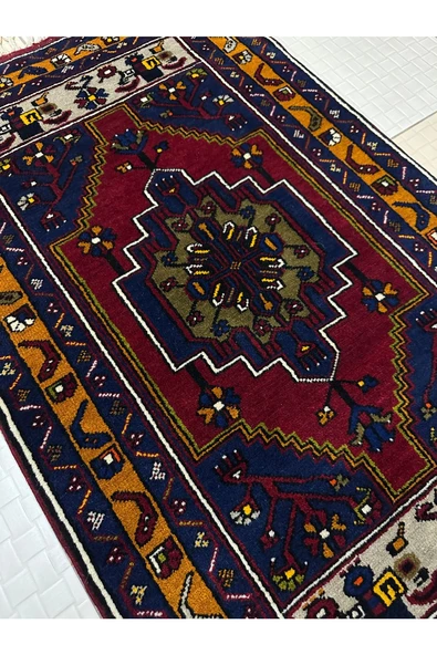 El Dokuma Yahyalı Halısı 73x126 Kırmızı Lacivert Gri %100 Yün Kök Boya Halı ! - 7