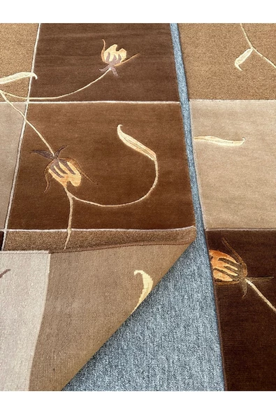 El Dokuma Çift Nepal Halı Yün Ve Ipek Krem Kahve Takım Halı ! - 6