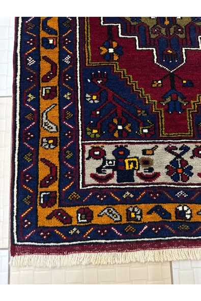 El Dokuma Yahyalı Halısı 73x126 Kırmızı Lacivert Gri %100 Yün Kök Boya Halı ! - 6