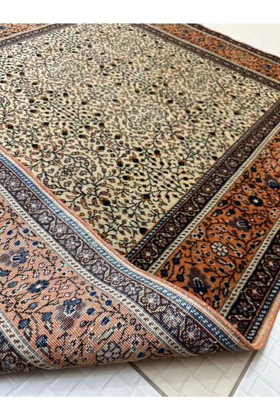 EL DOKUMA İNCE BÜNYAN HALISI ESKİTME 118X168 KREM KİREMİT ÇİÇEKLİ %100 YÜN HALI ! - Resim 7