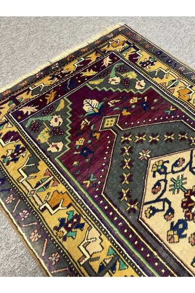 EL DOKUMA ESKİTME YAHYALI HALISI 97X164 MOR SARI VİNTAGE HALI ! - 3