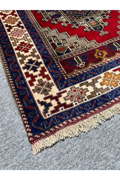 EL DOKUMA SIFIR OBRUK HALISI 95X165 KIRMIZI GRİ MAVİ KÖK BOYA HALI - 2