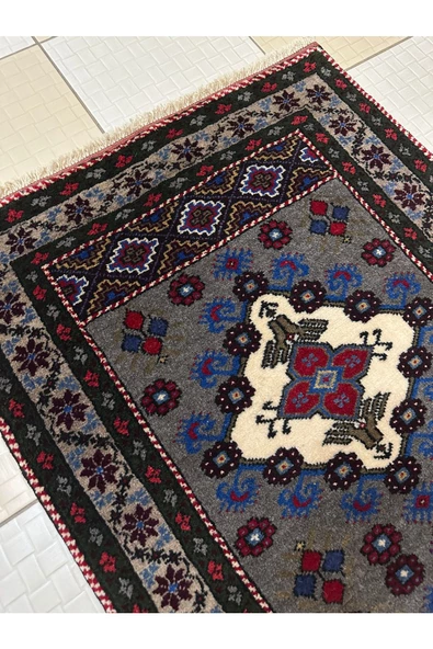 El Dokuma Gri Taşpınar Halısı Seccade 78x140 Kök Boya %100 Yün Namazlık - 5