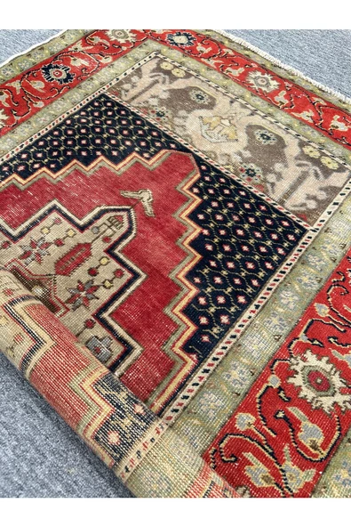 El Dokuma Eskitme Kapadokya Ürgüp Halısı 105x157 Kırmızı Yeşil %100 Yün Kök Boya Halı - Resim 7