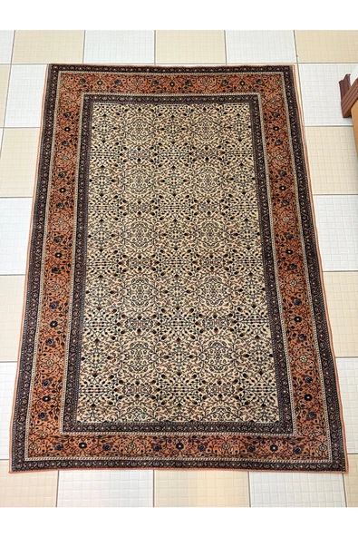 EL DOKUMA İNCE BÜNYAN HALISI ESKİTME 118X168 KREM KİREMİT ÇİÇEKLİ %100 YÜN HALI ! ürün görseli