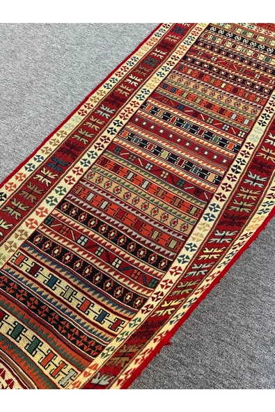 El Dokuması Dekoratif Iran Kilimi 80x190 Kırmızı Sarı %100 Yün Kilim ! - 6