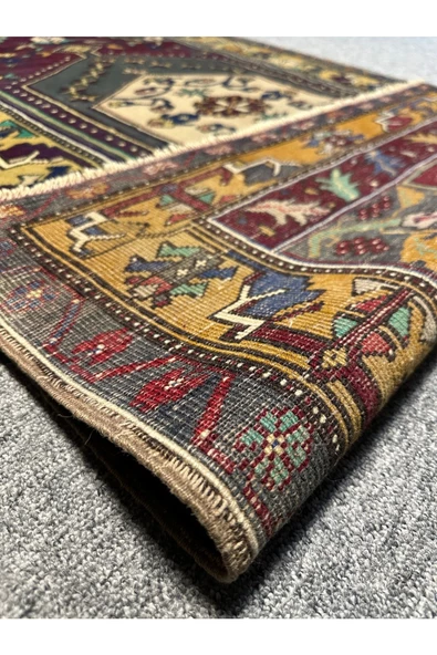 EL DOKUMA ESKİTME YAHYALI HALISI 97X164 MOR SARI VİNTAGE HALI ! - 8