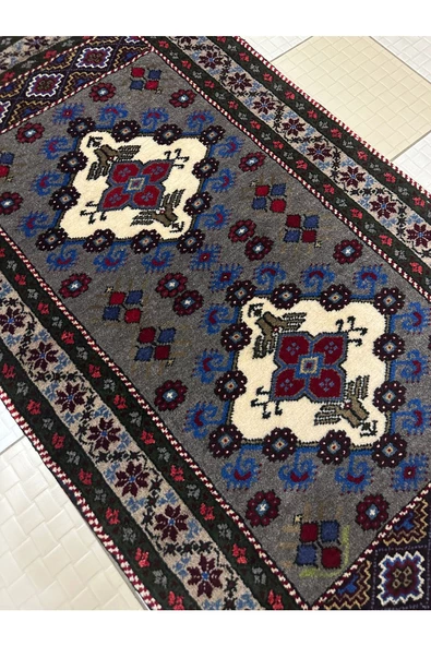 El Dokuma Gri Taşpınar Halısı Seccade 78x140 Kök Boya %100 Yün Namazlık - 4