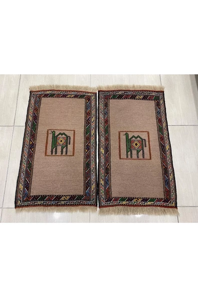 El Dokuma Çift Iran Kilimi 55x100 Gri Yeşil Dekoratif Kilim ürün görseli