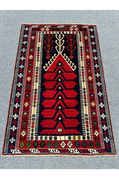 El Dokuma 130x200 Kilim Modeli Halı Kırmızı Lacivert Seccade Namazlık %100 Yün !