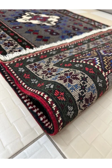 El Dokuma Gri Taşpınar Halısı Seccade 78x140 Kök Boya %100 Yün Namazlık - 8