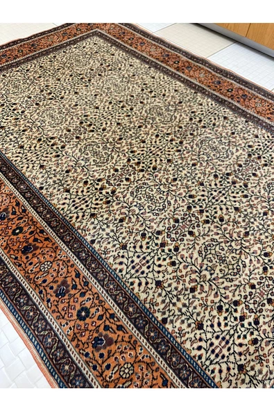 EL DOKUMA İNCE BÜNYAN HALISI ESKİTME 118X168 KREM KİREMİT ÇİÇEKLİ %100 YÜN HALI ! - Resim 4