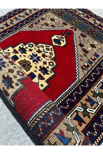 EL DOKUMA OBRUK HALISI 94X160 GRİ KIRMIZI KREM KÖK BOYA YÜN HALI - Resim 8