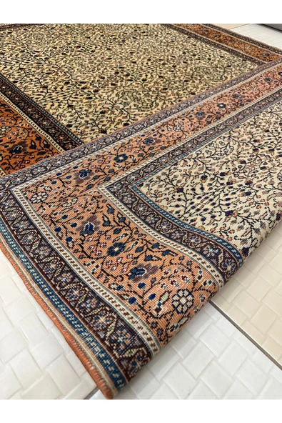 EL DOKUMA İNCE BÜNYAN HALISI ESKİTME 118X168 KREM KİREMİT ÇİÇEKLİ %100 YÜN HALI ! - Resim 3