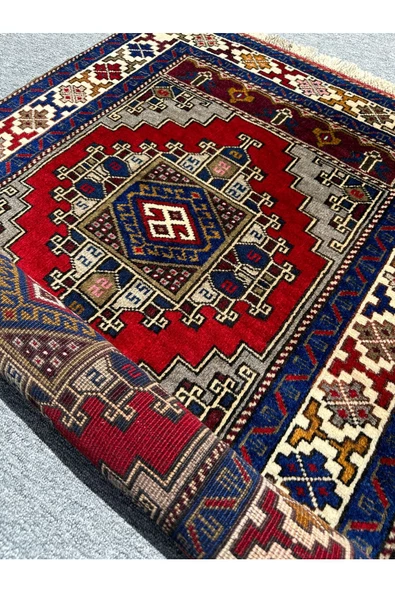 EL DOKUMA SIFIR OBRUK HALISI 95X165 KIRMIZI GRİ MAVİ KÖK BOYA HALI - 7