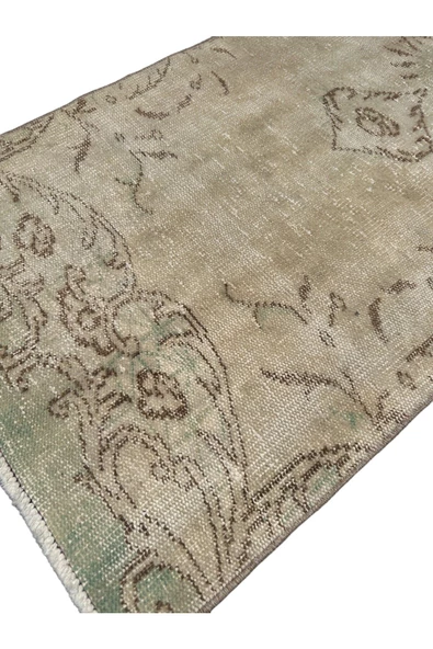 Vintage Beyaz Yeşil Yolluk 75x260 Eskitme %100 Yün Halı - 3