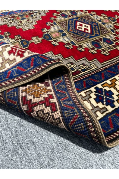 EL DOKUMA SIFIR OBRUK HALISI 95X165 KIRMIZI GRİ MAVİ KÖK BOYA HALI - 6