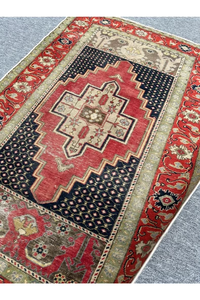 El Dokuma Eskitme Kapadokya Ürgüp Halısı 105x157 Kırmızı Yeşil %100 Yün Kök Boya Halı - Resim 4