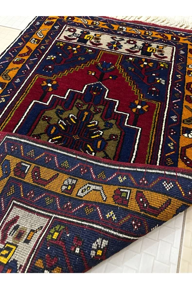 El Dokuma Yahyalı Halısı 73x126 Kırmızı Lacivert Gri %100 Yün Kök Boya Halı ! - 3
