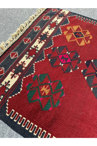 El Dokuma Balıkesir Kilimi 80x140 Kök Boya %100 Yün Kırmızı Kilim ! - 4