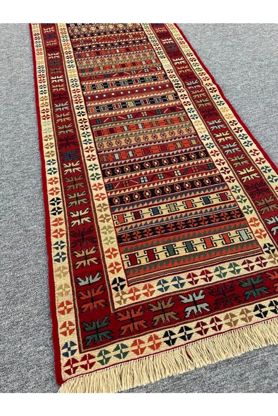 El Dokuması Dekoratif Iran Kilimi 80x190 Kırmızı Sarı %100 Yün Kilim ! - 3