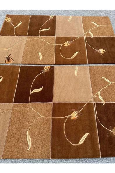 El Dokuma Çift Nepal Halı Yün Ve Ipek Krem Kahve Takım Halı ! - 3