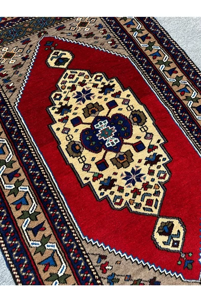 EL DOKUMA OBRUK HALISI 94X160 GRİ KIRMIZI KREM KÖK BOYA YÜN HALI - Resim 3