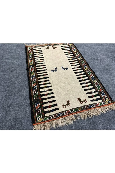 El Dokuma Çift Dekoratif Iran Kilimi 60x90 Küçük Krem %100 Yün Kilim ! - Resim 7
