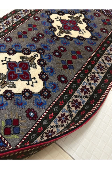 El Dokuma Gri Taşpınar Halısı Seccade 78x140 Kök Boya %100 Yün Namazlık - 2