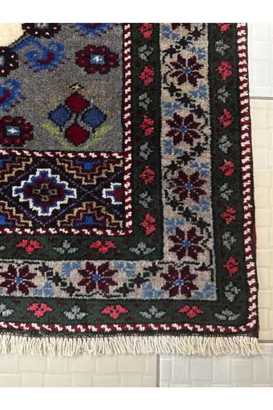 El Dokuma Gri Taşpınar Halısı Seccade 78x140 Kök Boya %100 Yün Namazlık - 6