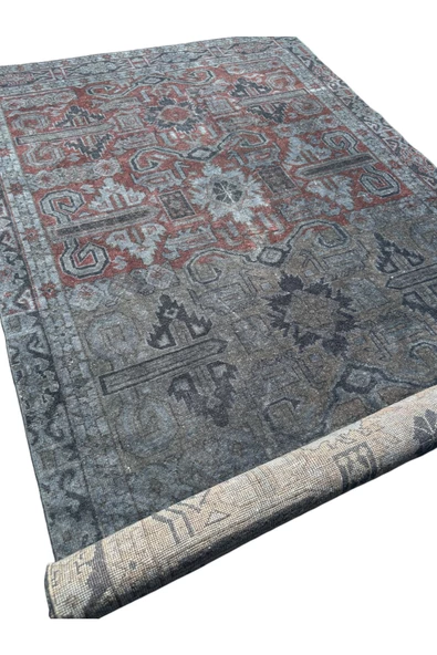 EL DOKUMA MALATYA HALISI 117X235 KIRMIZI LACİVERT ESKİTME KÖK BOYA %100 YÜN HALI - Resim 7