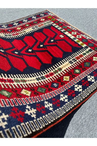 El Dokuma 130x200 Kilim Modeli Halı Kırmızı Lacivert Seccade Namazlık %100 Yün ! - 4