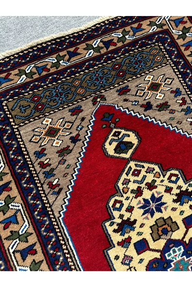 EL DOKUMA OBRUK HALISI 94X160 GRİ KIRMIZI KREM KÖK BOYA YÜN HALI - Resim 4