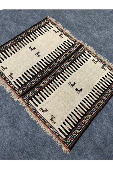 El Dokuma Çift Dekoratif Iran Kilimi 60x90 Küçük Krem %100 Yün Kilim ! - Resim 2