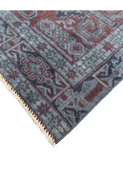 EL DOKUMA MALATYA HALISI 117X235 KIRMIZI LACİVERT ESKİTME KÖK BOYA %100 YÜN HALI - Resim 4