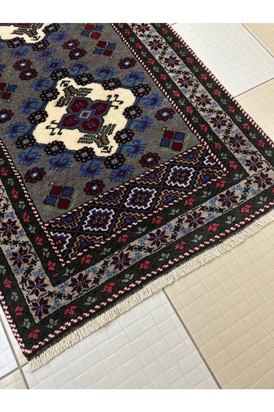 El Dokuma Gri Taşpınar Halısı Seccade 78x140 Kök Boya %100 Yün Namazlık - 3