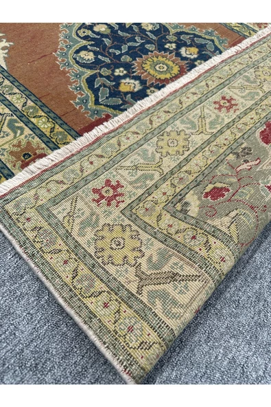 El Dokuma Eskitme Bünyan Halısı 94x158 Yeşil Kiremit Vintage Halı - Resim 4