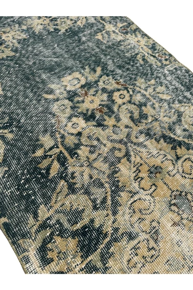 El Dokuma Su Yeşili Vintage Yolluk 80x315 Eskitme 3 Metre Halı - 2
