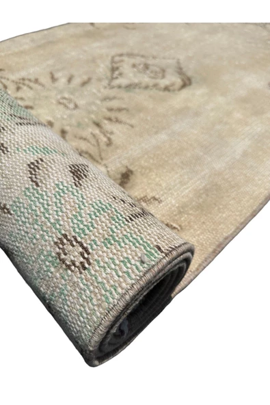 Vintage Beyaz Yeşil Yolluk 75x260 Eskitme %100 Yün Halı - 7