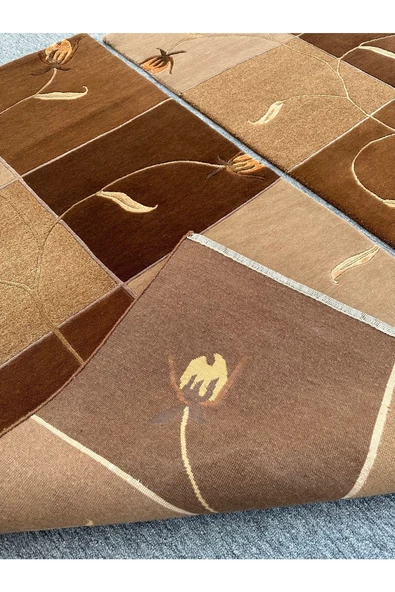 El Dokuma Çift Nepal Halı Yün Ve Ipek Krem Kahve Takım Halı ! - 5