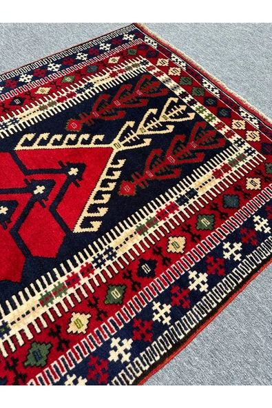 El Dokuma 130x200 Kilim Modeli Halı Kırmızı Lacivert Seccade Namazlık %100 Yün ! - 3