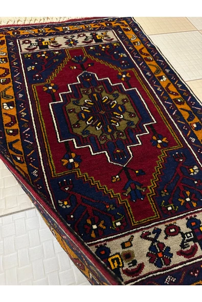 El Dokuma Yahyalı Halısı 73x126 Kırmızı Lacivert Gri %100 Yün Kök Boya Halı ! - 2