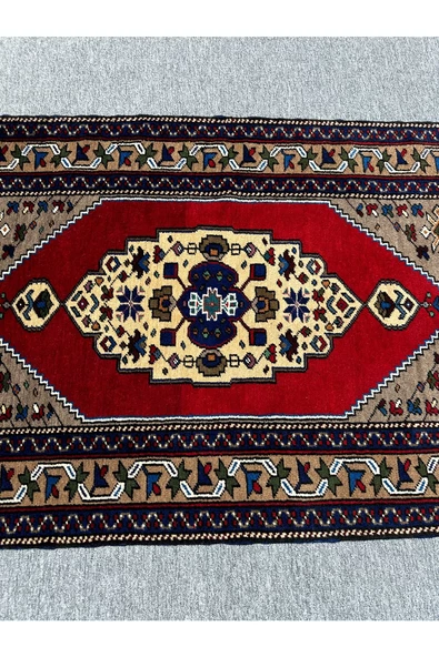 EL DOKUMA OBRUK HALISI 94X160 GRİ KIRMIZI KREM KÖK BOYA YÜN HALI - Resim 5