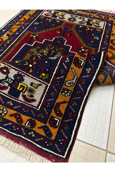 El Dokuma Yahyalı Halısı 73x126 Kırmızı Lacivert Gri %100 Yün Kök Boya Halı ! - 4