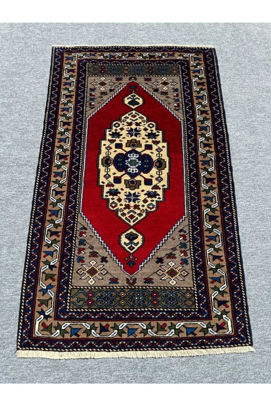 EL DOKUMA OBRUK HALISI 94X160 GRİ KIRMIZI KREM KÖK BOYA YÜN HALI ürün görseli