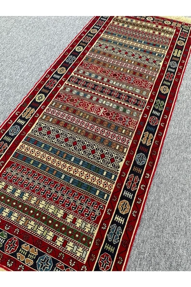 El Dokuma Iran Kilim 85x200 Sumak Kırmızı Rah Rah Kilim ! - Resim 2