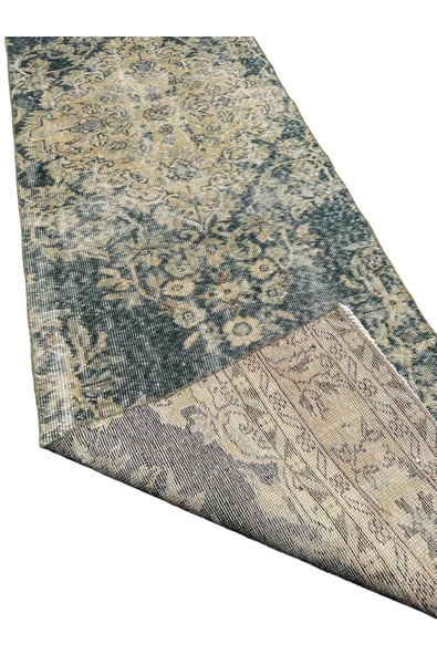 El Dokuma Su Yeşili Vintage Yolluk 80x315 Eskitme 3 Metre Halı - 3