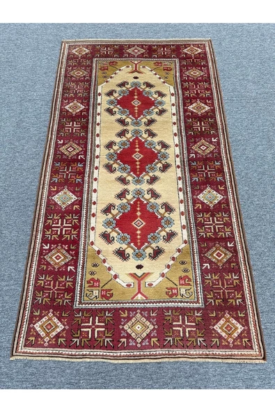 El Dokuma Milas Halısı 120x223 Vişne Çürüğü Turkuaz %100 Yün Ince Halı !