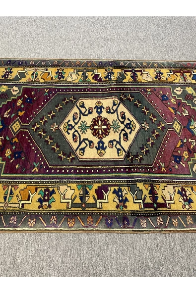 EL DOKUMA ESKİTME YAHYALI HALISI 97X164 MOR SARI VİNTAGE HALI ! - 4